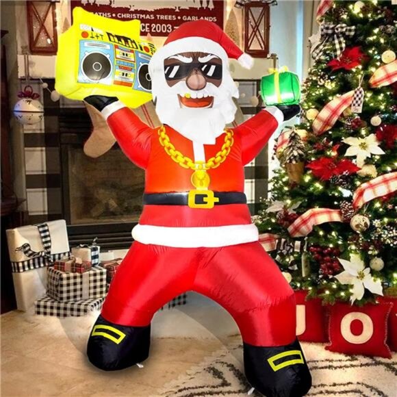 6FT Black Santa Blow up Yard Decoration with Gift Box and Speaker LED Lights - Picture 6 of 7
